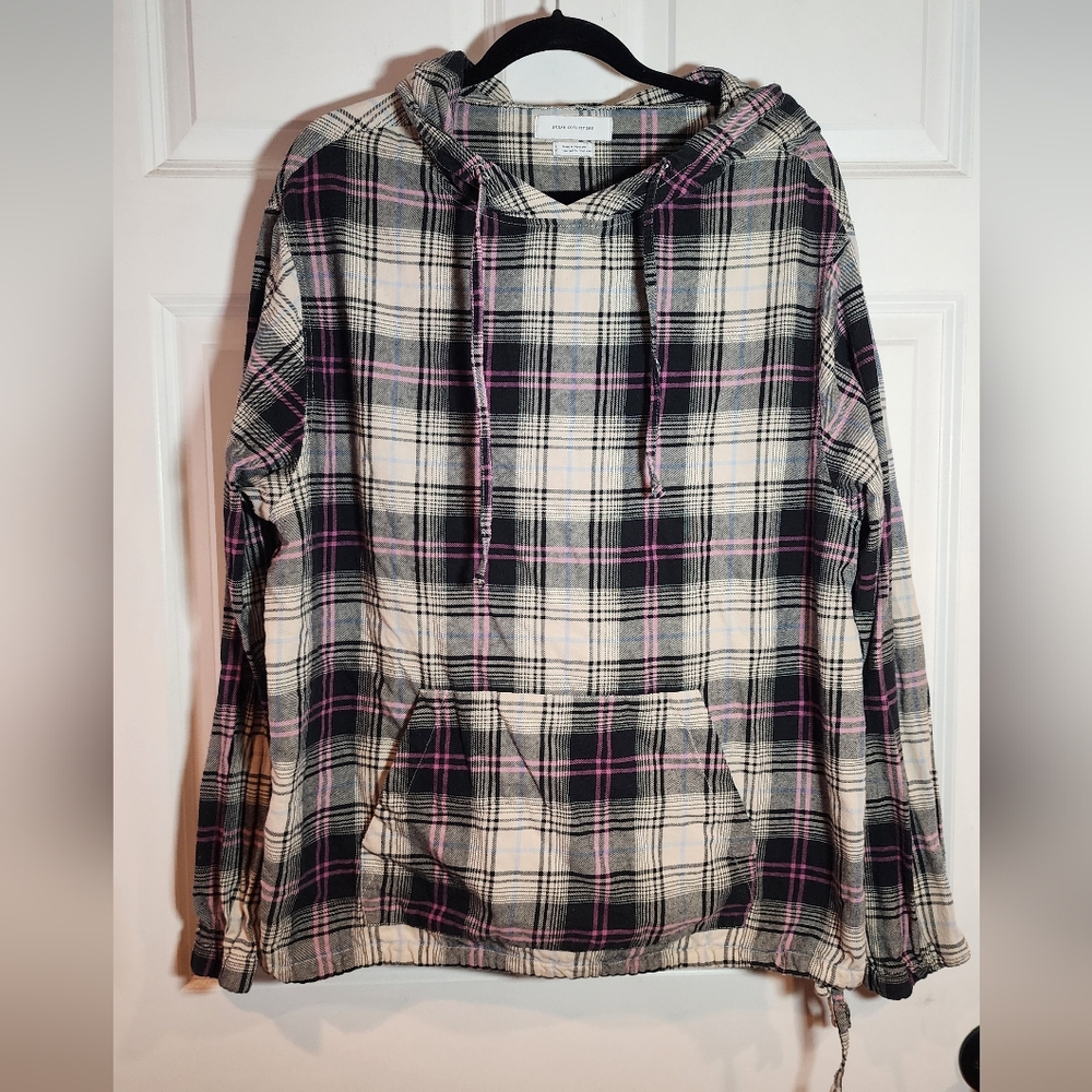 Urban Outfitters Pink Black Plaid Hooded Cotton Sweater Tied Hem Large